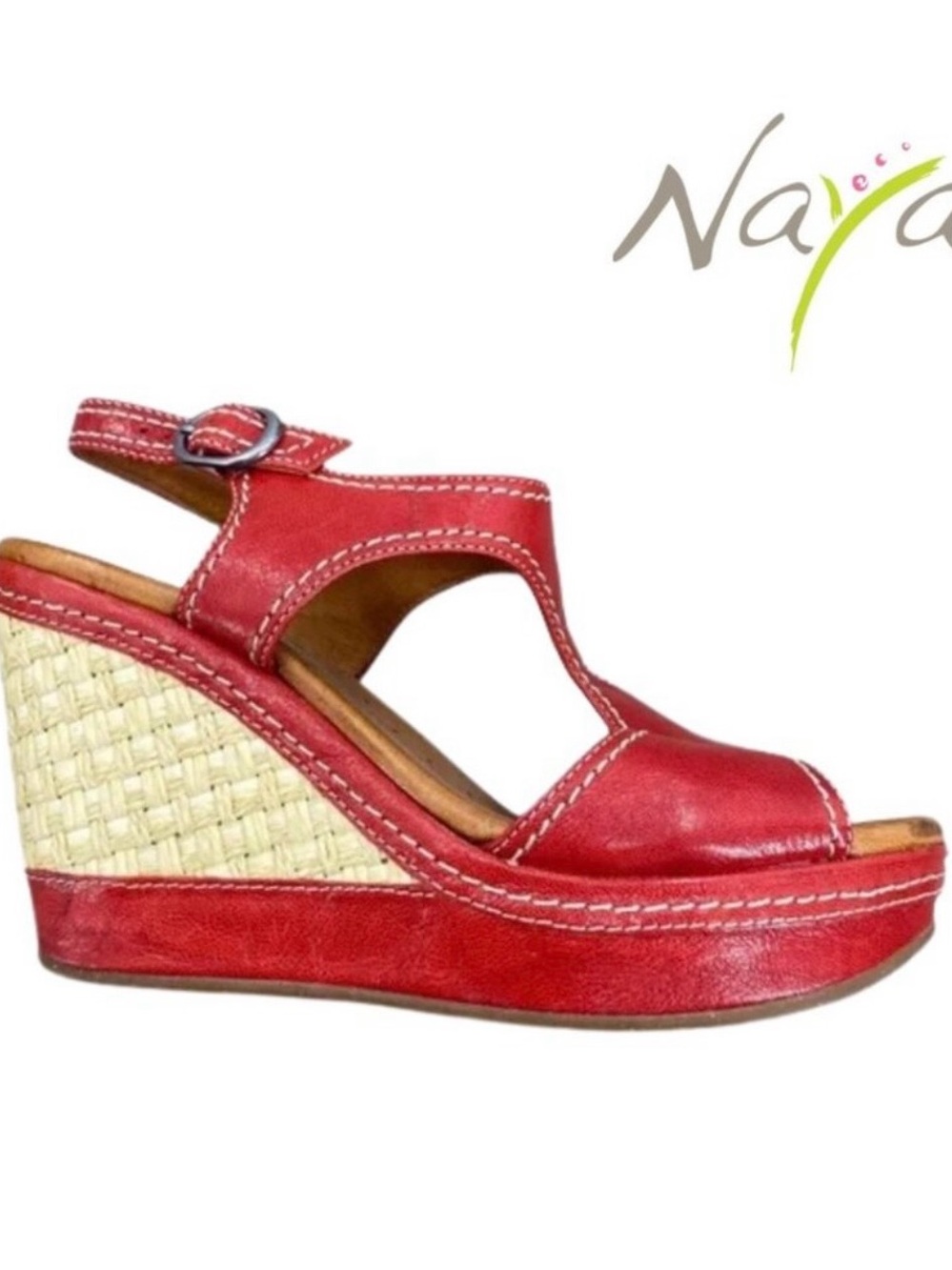 Anthropologie Naya Red Leather Wedge Sandals with Woven Espadrille Detail - 9